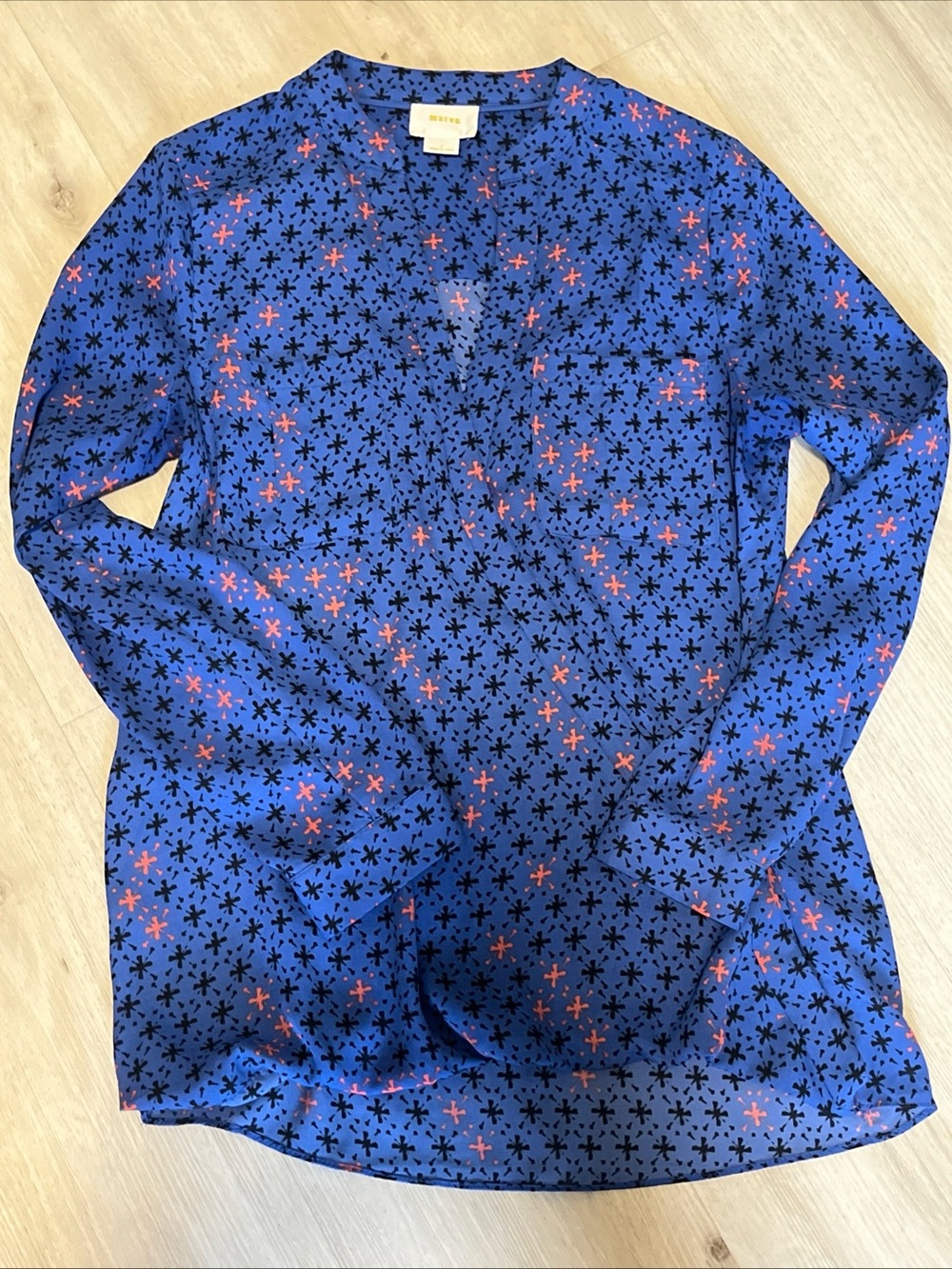 Maeve Blue Star-Print Long Sleeve Button-Down Fuax Wrap Blouse